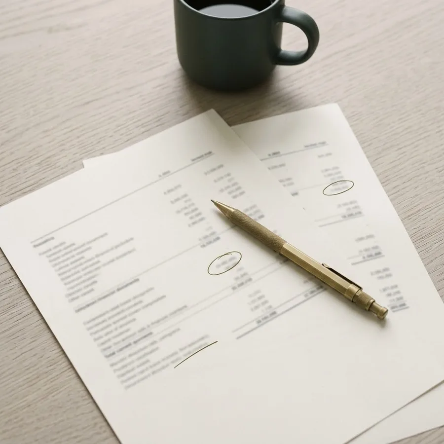 Financial statements annotated in pencil